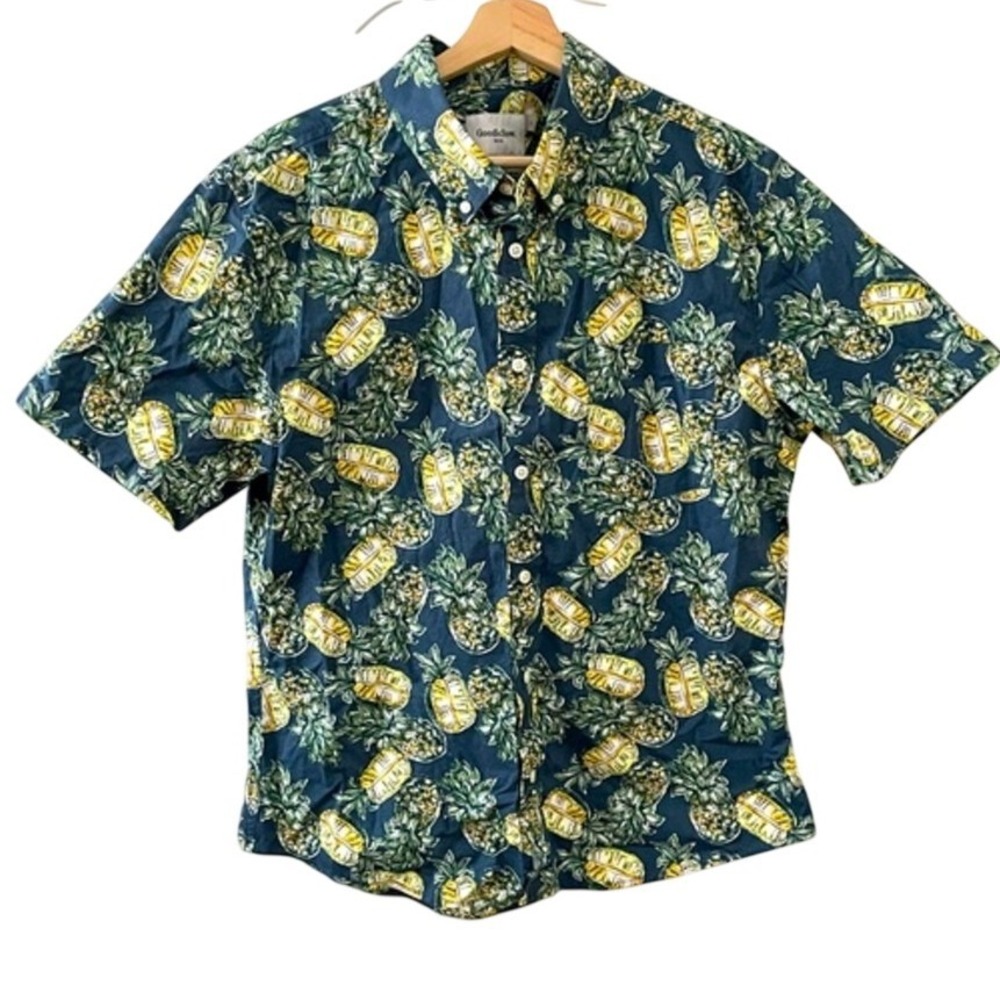 Goodfellow Mens Pineapple Print Button Down Shirt Size‎ L Blue Slim Fit Tropical
